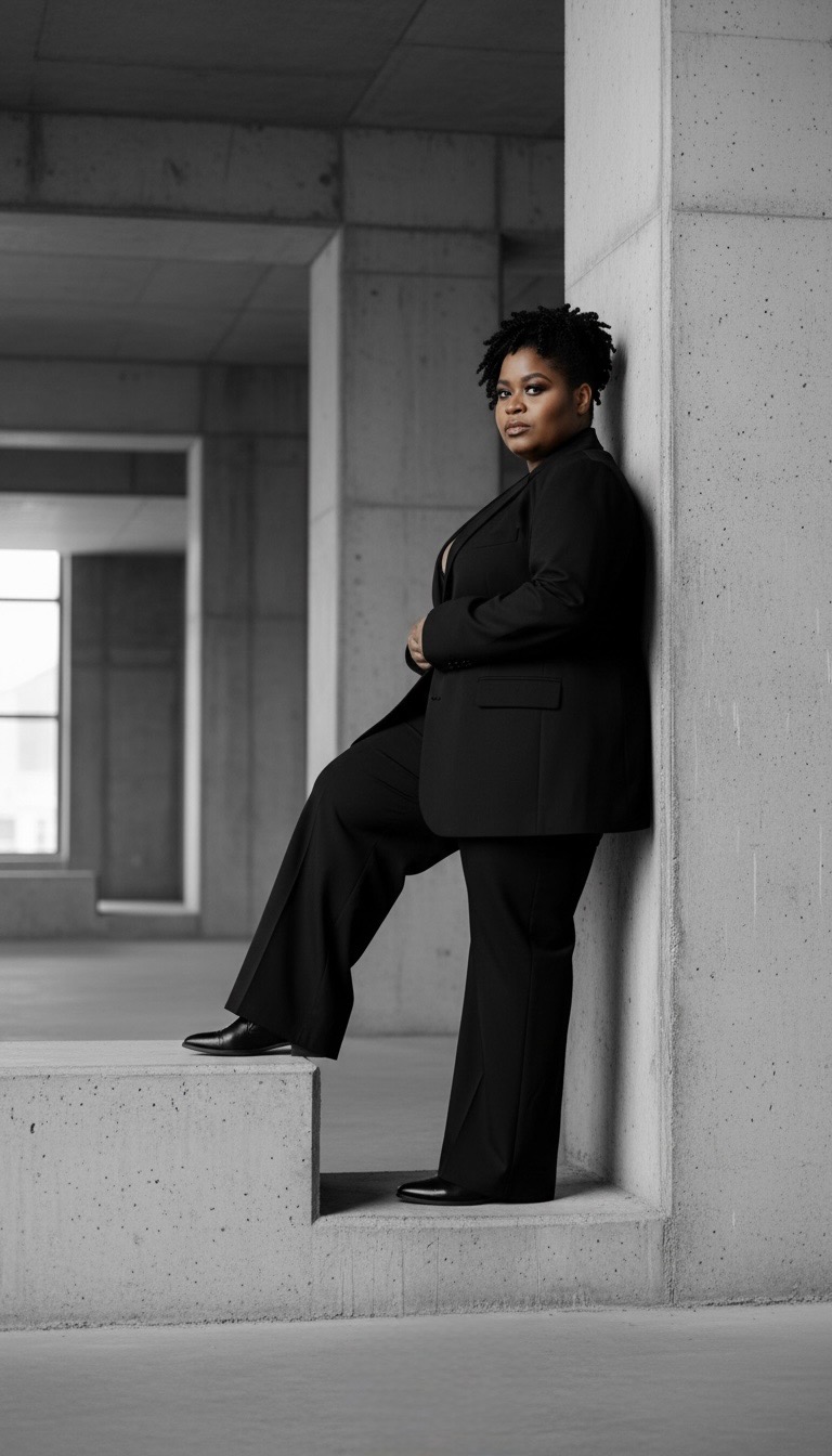 genie dawkins standing against a wall wearing a suit